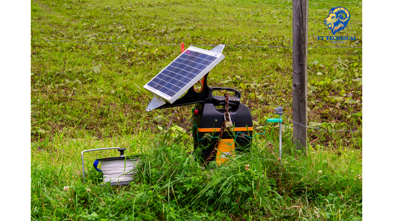 a solar panel on a device in a grass field